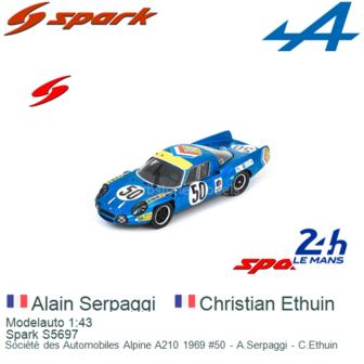 Modelauto 1:43 | Spark S5697 | Soci&eacute;t&eacute; des Automobiles Alpine A210 1969 #50 - A.Serpaggi - C.Ethuin