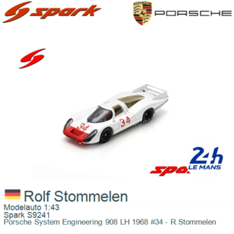 Modelauto 1:43 | Spark S9241 | Porsche System Engineering 908 LH 1968 #34 - R.Stommelen