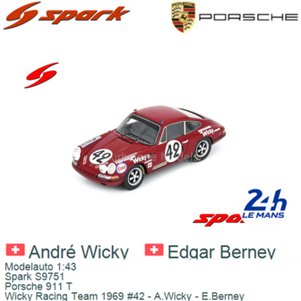 Modelauto 1:43 | Spark S9751 | Porsche 911 T | Wicky Racing Team 1969 #42 - A.Wicky - E.Berney
