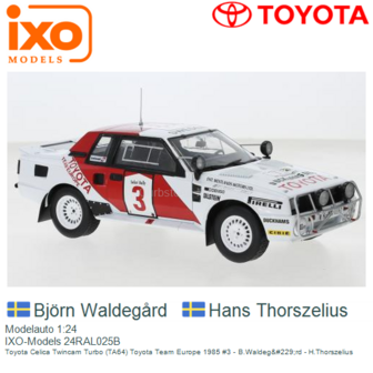 Modelauto 1:24 | IXO-Models 24RAL025B | Toyota Celica Twincam Turbo (TA64) Toyota Team Europe 1985 #3 - B.Waldeg&amp;#229;rd - 
