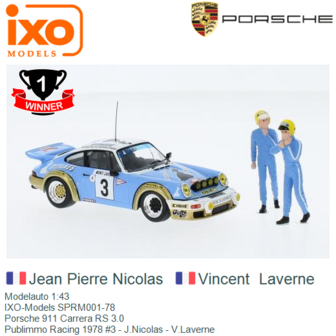 Modelauto 1:43 | IXO-Models SPRM001-78 | Porsche 911 Carrera RS 3.0 | Publimmo Racing 1978 #3 - J.Nicolas - V.Laverne