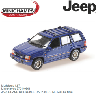 Modelauto 1:87 | Minichamps 870149661 | Jeep GRAND CHEROKEE DARK BLUE METALLIC 1993