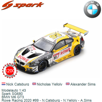Modelauto 1:43 | Spark SG680 | BMW M6 GT3 | Rowe Racing 2020 #99 - N.Catsburg - N.Yelloly - A.Sims