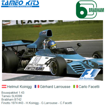 Bouwpakket 1:43 | Tameo SLK099 | Brabham BT42 | Finotto 1974 #43 - H.Koinigg - G.Larrousse - C.Facetti