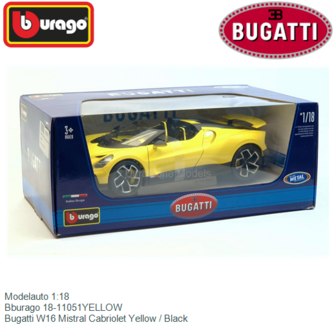 Modelauto 1:18 | Bburago 18-11051YELLOW | Bugatti W16 Mistral Cabriolet Yellow / Black
