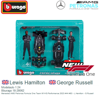 Modelauto 1:24 | Bburago 18-28062 | Mercedes AMG Petronas Formula One Team W14 E-Performance 2023 #44 #63 - L.Hamilton - G.Russ