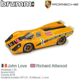 Modelauto 1:43 | Brumm R423 | Porsche 917K | Scuderia Gunstion 1971 #1 - R.Attwood - J.Love