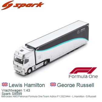 Vrachtwagen 1:43 | Spark S8599 | Mercedes AMG Petronas Formula One Team Actros F1 2023 #44 - L.Hamilton - G.Russell