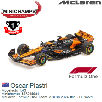 Modelauto 1:43 | Minichamps 537245681 | McLaren Formula One Team MCL38 2024 #81 - O.Piastri
