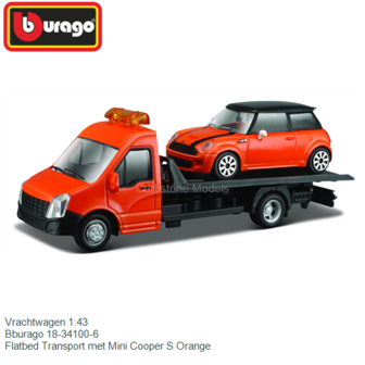 Vrachtwagen 1:43 | Bburago 18-34100-6 | Flatbed Transport met Mini Cooper S Orange