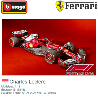 Modelauto 1:18 | Bburago 18-16816L | Scuderia Ferrari SF-25 2025 #16 - C.Leclerc