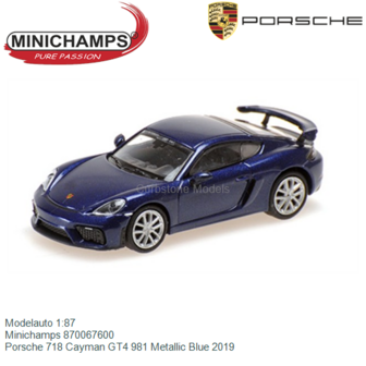 Modelauto 1:87 | Minichamps 870067600 | Porsche 718 Cayman GT4 981 Metallic Blue 2019