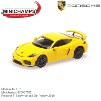 Modelauto 1:87 | Minichamps 870067602 | Porsche 718 cayman gt4 981 Yellow 2019
