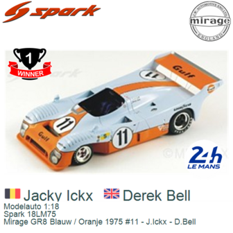 Modelauto 1:18 | Spark 18LM75 | Mirage GR8 Blauw / Oranje 1975 #11 - J.Ickx - D.Bell