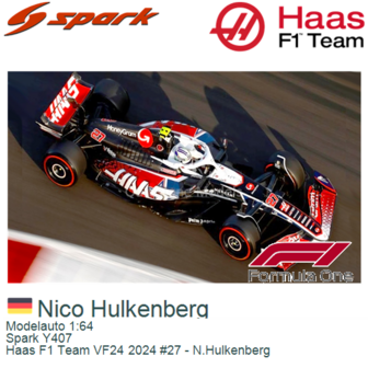 Modelauto 1:64 | Spark Y407 | Haas F1 Team VF24 2024 #27 - N.Hulkenberg