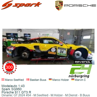 Modelauto 1:43 | Spark SG950 | Porsche 911 GT3 R | Dinamic GT 2024 #54 - M.Seefried - M.Holzer - M.Dienst - B.Buus