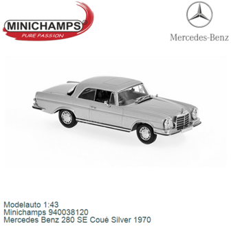 Modelauto 1:43 | Minichamps 940038120 | Mercedes Benz 280 SE Cou&eacute; Silver 1970