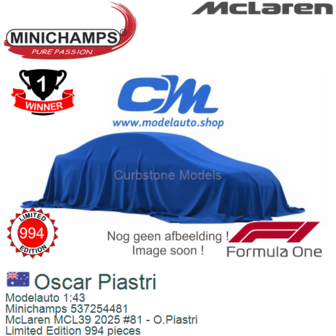 Modelauto 1:43 | Minichamps 537254481 | McLaren MCL39 2025 #81 - O.Piastri