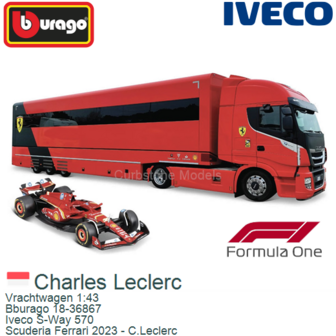 Vrachtwagen 1:43 | Bburago 18-36867 | Iveco S-Way 570 | Scuderia Ferrari 2023 - C.Leclerc