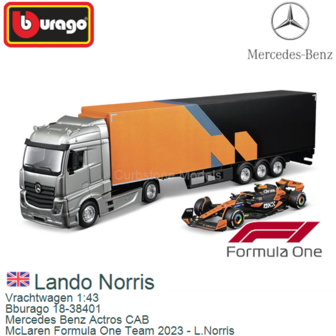 Vrachtwagen 1:43 | Bburago 18-38401 | Mercedes Benz Actros CAB | McLaren Formula One Team 2023 - L.Norris