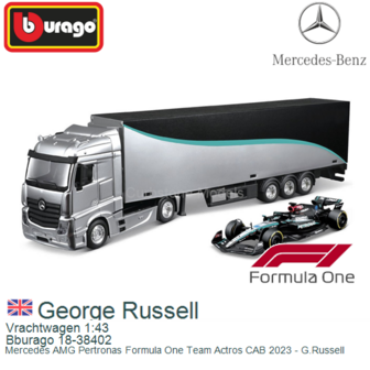 Vrachtwagen 1:43 | Bburago 18-38402 | Mercedes AMG Pertronas Formula One Team Actros CAB 2023 - G.Russell