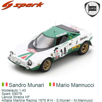 Modelauto 1:43 | Spark S9078 | Lancia Stratos HF | Alitalia Martine Racing 1975 #14 - S.Munari - M.Mannucci