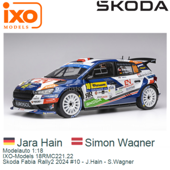 Modelauto 1:18 | IXO-Models 18RMC221.22 | Skoda Fabia Rally2 2024 #10 - J.Hain - S.Wagner