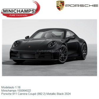Modelauto 1:18 | Minichamps 155064022 | Porsche 911 Carrera Coup&eacute; (992.2) Metallic Black 2024