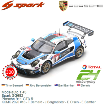 Modelauto 1:43 | Spark SG692 | Porsche 911 GT3 R | KCMG 2020 #18 - T.Bernard - J.Bergmeister - D.Olsen - E.Bamber