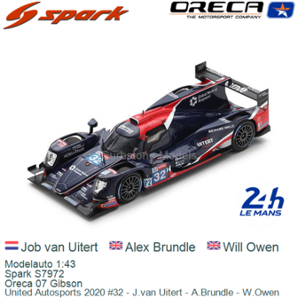 Modelauto 1:43 | Spark S7972 | Oreca 07 Gibson | United Autosports 2020 #32 - J.van Uitert - A.Brundle - W.Owen