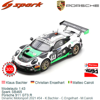 Modelauto 1:43 | Spark SB465 | Porsche 911 GT3 R | Dinamic Motorsport 2021 #54 - K.Bachler - C.Engelhart - M.Cairoli