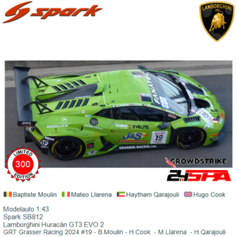 Modelauto 1:43 | Spark SB812 | Lamborghini Hurac&aacute;n GT3 EVO 2 | GRT Grasser Racing 2024 #19 - B.Moulin - H.Cook  - M.Llaren