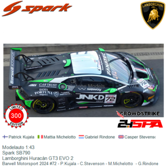Modelauto 1:43 | Spark SB790 | Lamborghini Hurac&aacute;n GT3 EVO 2 | Barwell Motorsport 2024 #72 - P.Kujala - C.Stevenson - M.Mi