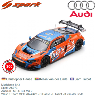 Modelauto 1:43 | Spark AS073 | Audi R8 LMS GT3 EVO 2 | Wash It Team MPC 2024 #22 - C.Haase - L.Talbot - K.van der Linde