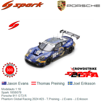Modelauto 1:18 | Spark 18SB078 | Porsche 911 GT3 R | Phantom Global Racing 2024 #23 - T.Preining - J.Evans - J.Eriksson