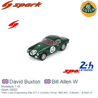 Modelauto 1:43 | Spark S8202 | Team Lotus Engineering Elite GT1.3 Coventry Climax 1960 #42 - D.Buxton  - B.Allen W