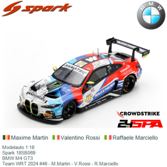 Modelauto 1:18 | Spark 18SB069 | BMW M4 GT3 | Team WRT 2024 #46 - M.Martin - V.Rossi - R.Marciello