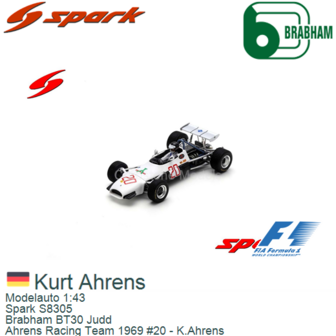Modelauto 1:43 | Spark S8305 | Brabham BT30 Judd | Ahrens Racing Team 1969 #20 - K.Ahrens