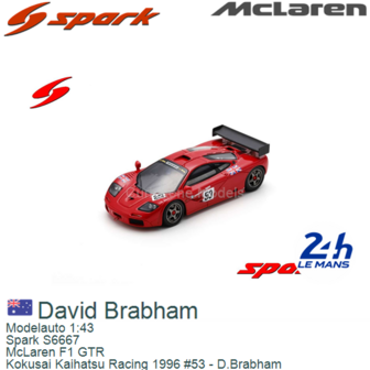 Modelauto 1:43 | Spark S6667 | McLaren F1 GTR | Kokusai Kaihatsu Racing 1996 #53 - D.Brabham
