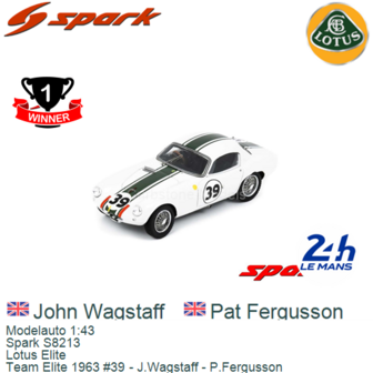 Modelauto 1:43 | Spark S8213 | Lotus Elite | Team Elite 1963 #39 - J.Wagstaff - P.Fergusson