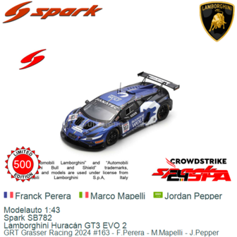 Modelauto 1:43 | Spark SB782 | Lamborghini Hurac&aacute;n GT3 EVO 2 | GRT Grasser Racing 2024 #163 - F.Perera - M.Mapelli - J.Pep