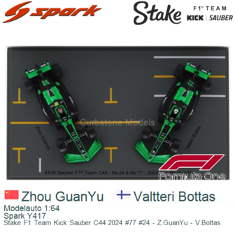 Modelauto 1:64 | Spark Y417 | Stake F1 Team Kick Sauber C44 2024 #77 #24 - Z.GuanYu - V.Bottas