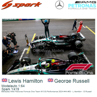Modelauto 1:64 | Spark Y419 | Mercedes AMG Petronas Formula One Team W13 E-Performance 2024 #44 #63 - L.Hamilton - G.Russell