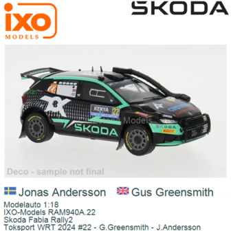 Modelauto 1:18 | IXO-Models RAM940A.22 | Skoda Fabia Rally2 | Toksport WRT 2024 #22 - G.Greensmith - J.Andersson
