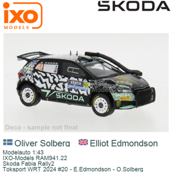 Modelauto 1:43 | IXO-Models RAM941.22 | Skoda Fabia Rally2 | Toksport WRT 2024 #20 - E.Edmondson - O.Solberg