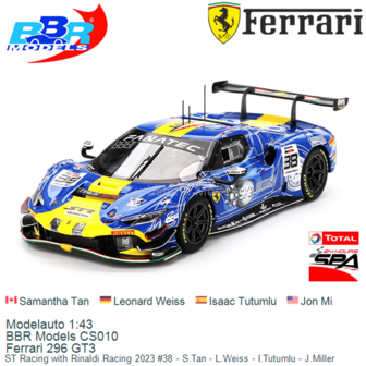 Modelauto 1:43 | BBR Models CS010 | Ferrari 296 GT3 | ST Racing with Rinaldi Racing 2023 #38 - S.Tan - L.Weiss - I.Tutumlu - J.