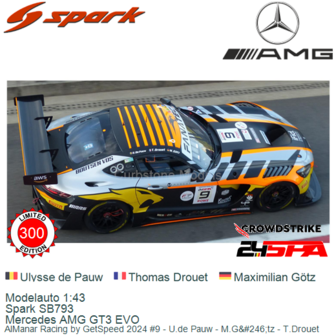 Modelauto 1:43 | Spark SB793 | Mercedes AMG GT3 EVO | AlManar Racing by GetSpeed 2024 #9 - U.de Pauw - M.G&amp;#246;tz - T.Drou