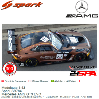 Modelauto 1:43 | Spark SB784 | Mercedes AMG GT3 EVO | AlManar Racing by GetSpeed 2024 #777 - D.Baumann - M.Grenier - P.Ellis - 