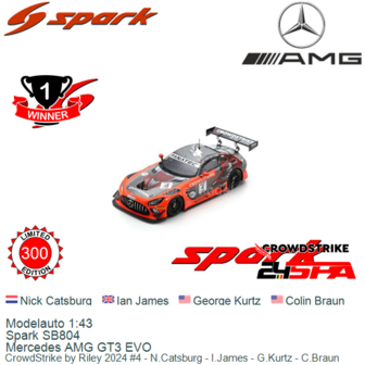 Modelauto 1:43 | Spark SB804 | Mercedes AMG GT3 EVO | CrowdStrike by Riley 2024 #4 - N.Catsburg - I.James - G.Kurtz - C.Braun