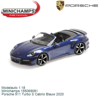 Modelauto 1:18 | Minichamps 155069081 | Porsche 911 Turbo S Cabrio Blauw 2020